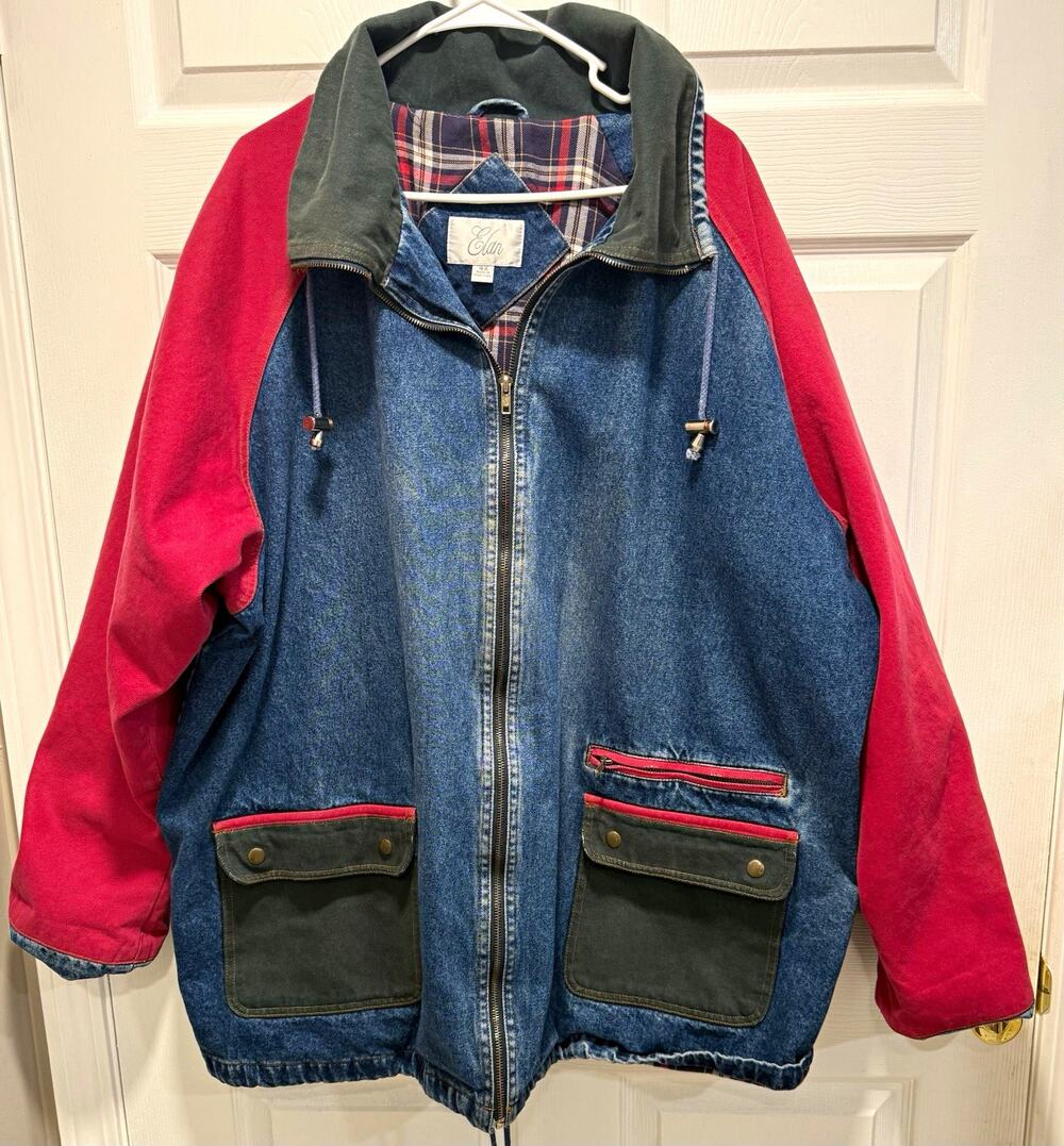Vintage Colorblock Streetwear Gorpcore 90s Elan Mens Denim Jacket Plaid Lined 4X
